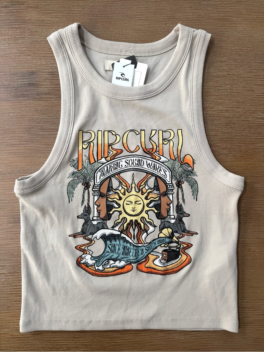 Rip Curl Beige Graphic Crop Tank with Sunset Surf Motif
